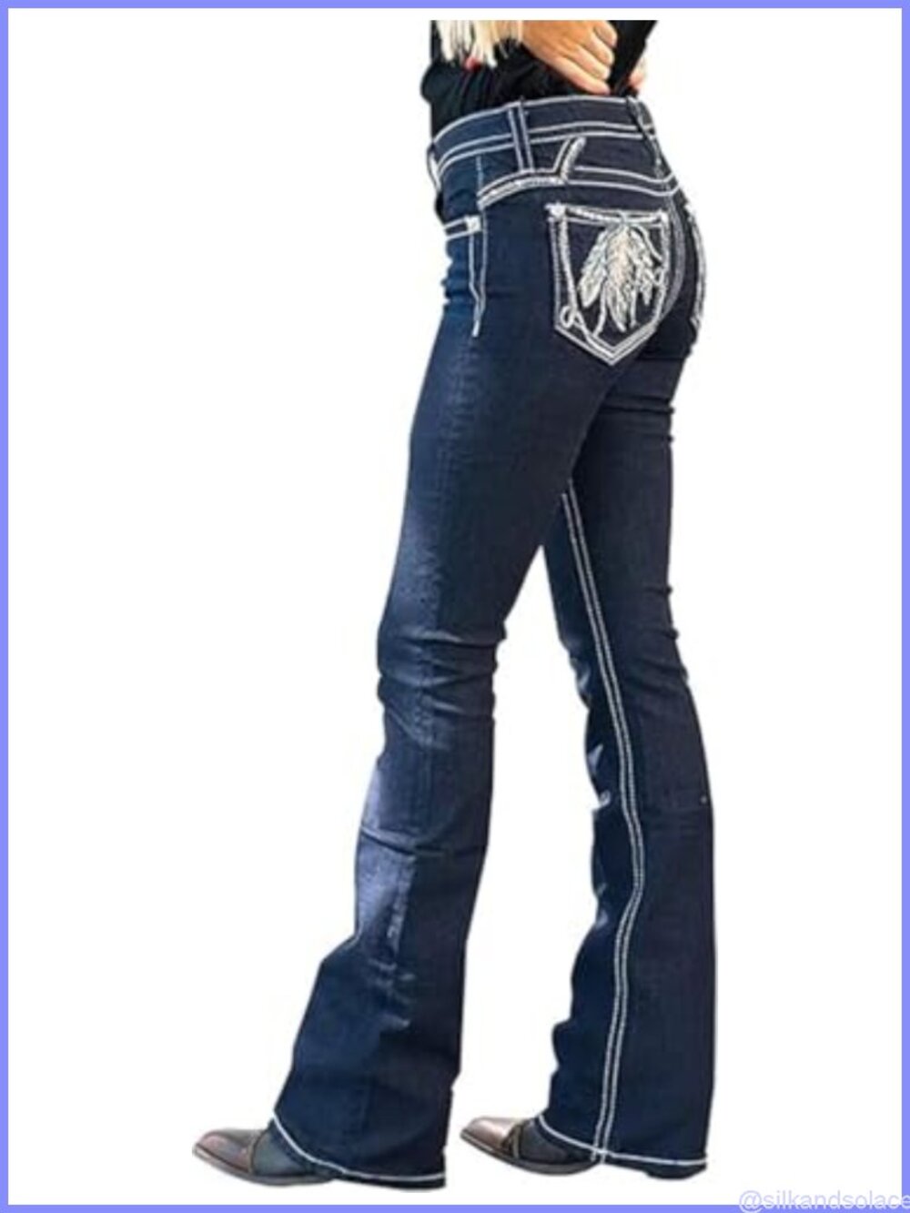 Bootcut Jeans for Women Stretchy Mid Rise Feather Embroidery Slim Straight Leg